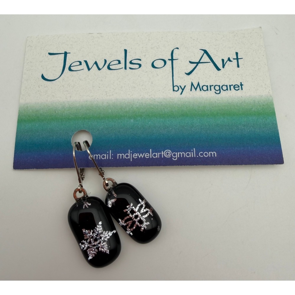 Jewels of Art by Margaret Fused Glass Snowflake Dangle Earrings Black Q036